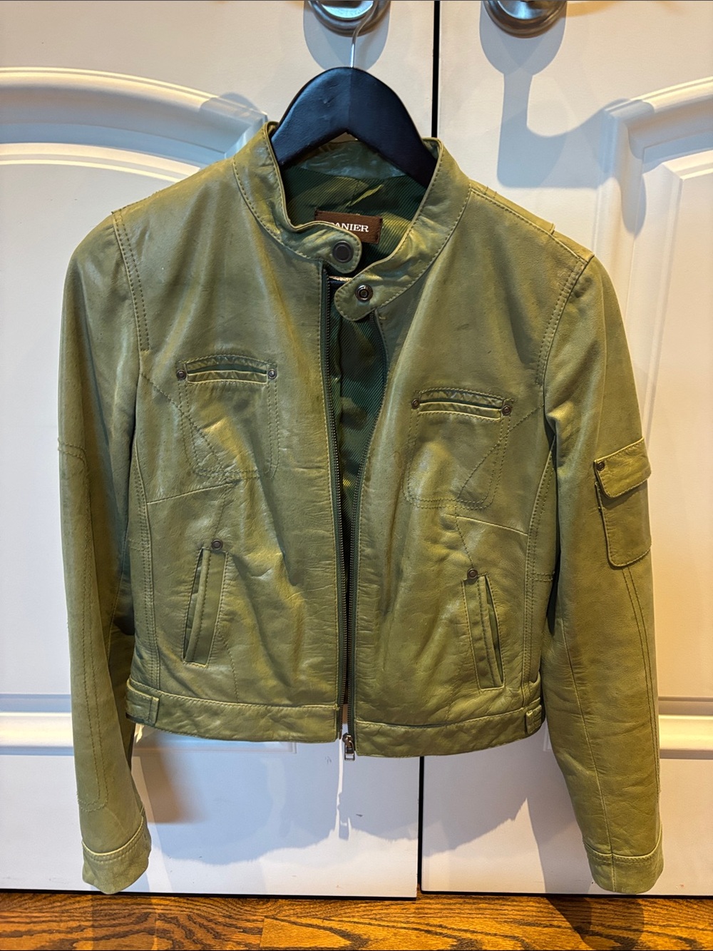 Danier Olive Leather Moto Jacket in Light Olive